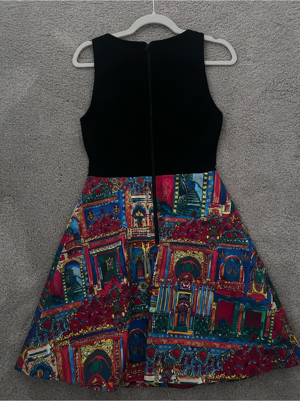 Alice + Olivia Black Bodice Multicolor Architectural Print Mini Dress